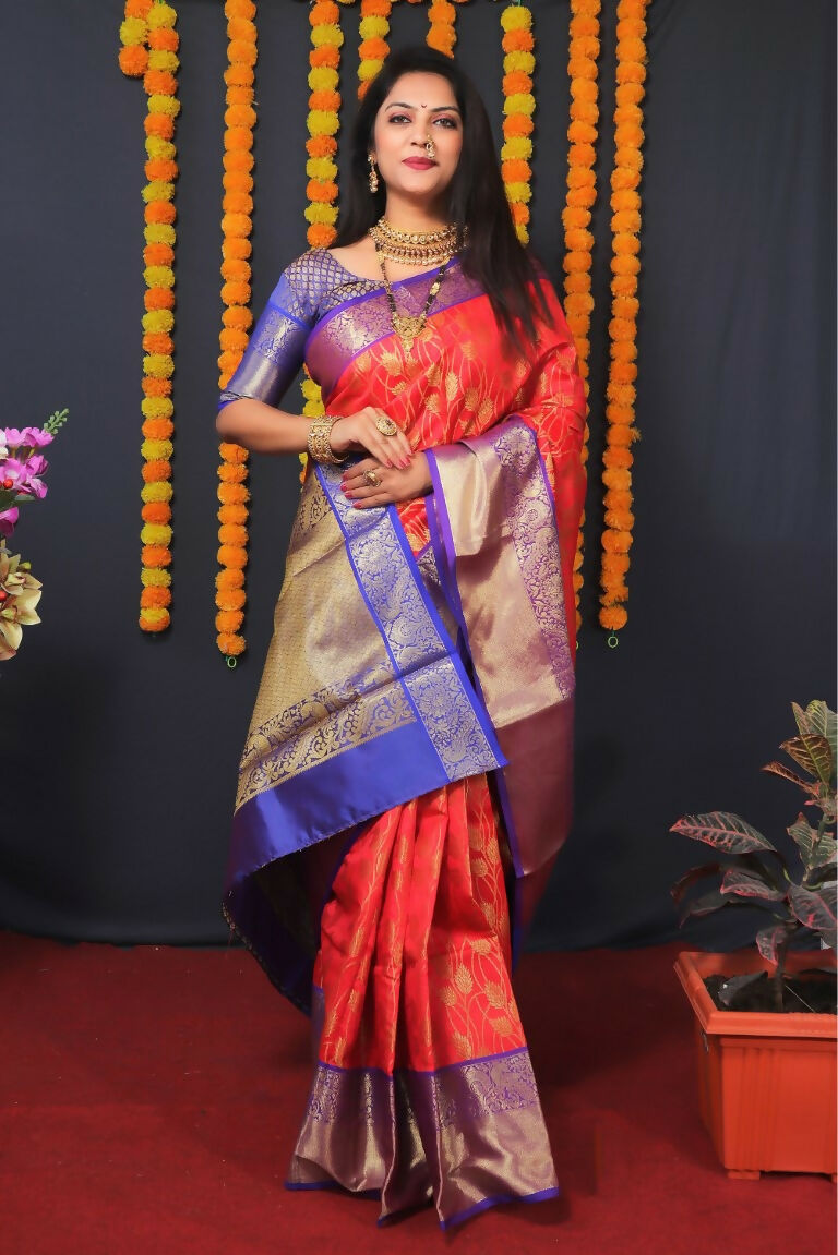 Jyoti Fashion Women's Red Kanjivaram Silk Zari Woven Saree with Blouse - Distacart