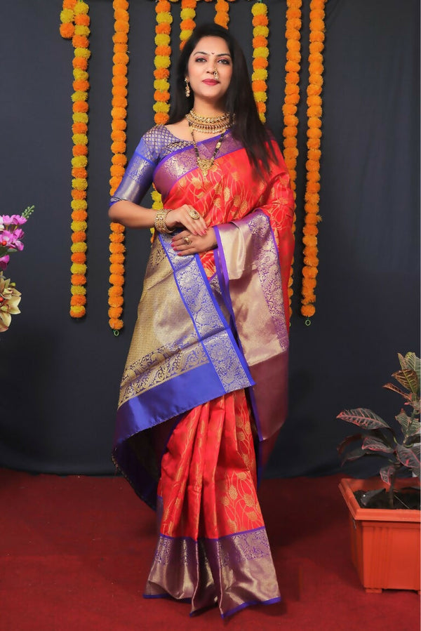 Jyoti Fashion Women's Red Kanjivaram Silk Zari Woven Saree with Blouse - Distacart