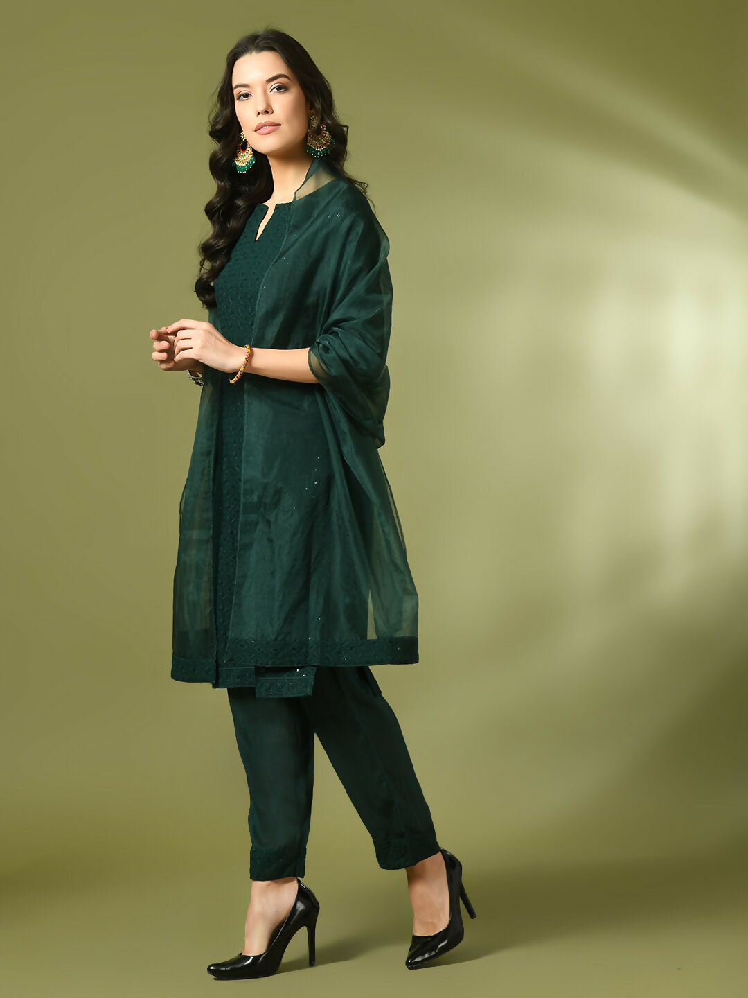 Myshka Women's Green Embroidered Cotton Straight Party Kurta Set With Dupatta - Distacart