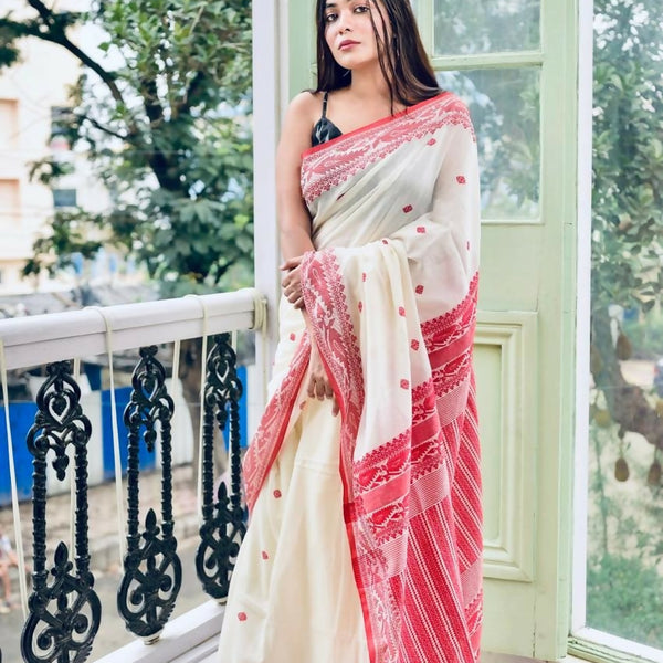 Exclusive Collection White Red Most Trending Beautiful Pure Cotton Handloom Saree