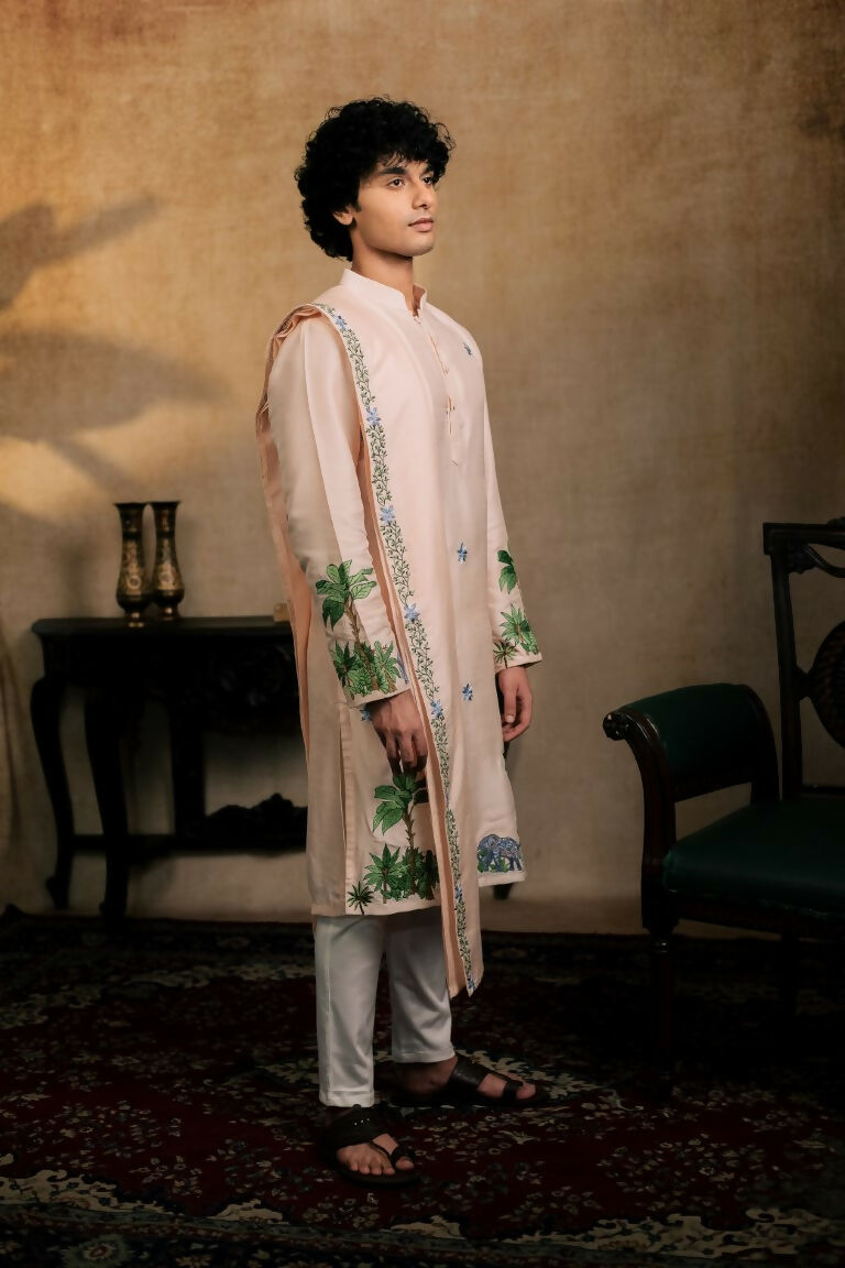 Falling Raw Silk Peach Gajavana Kurta Set By Hilo Design - Distacart