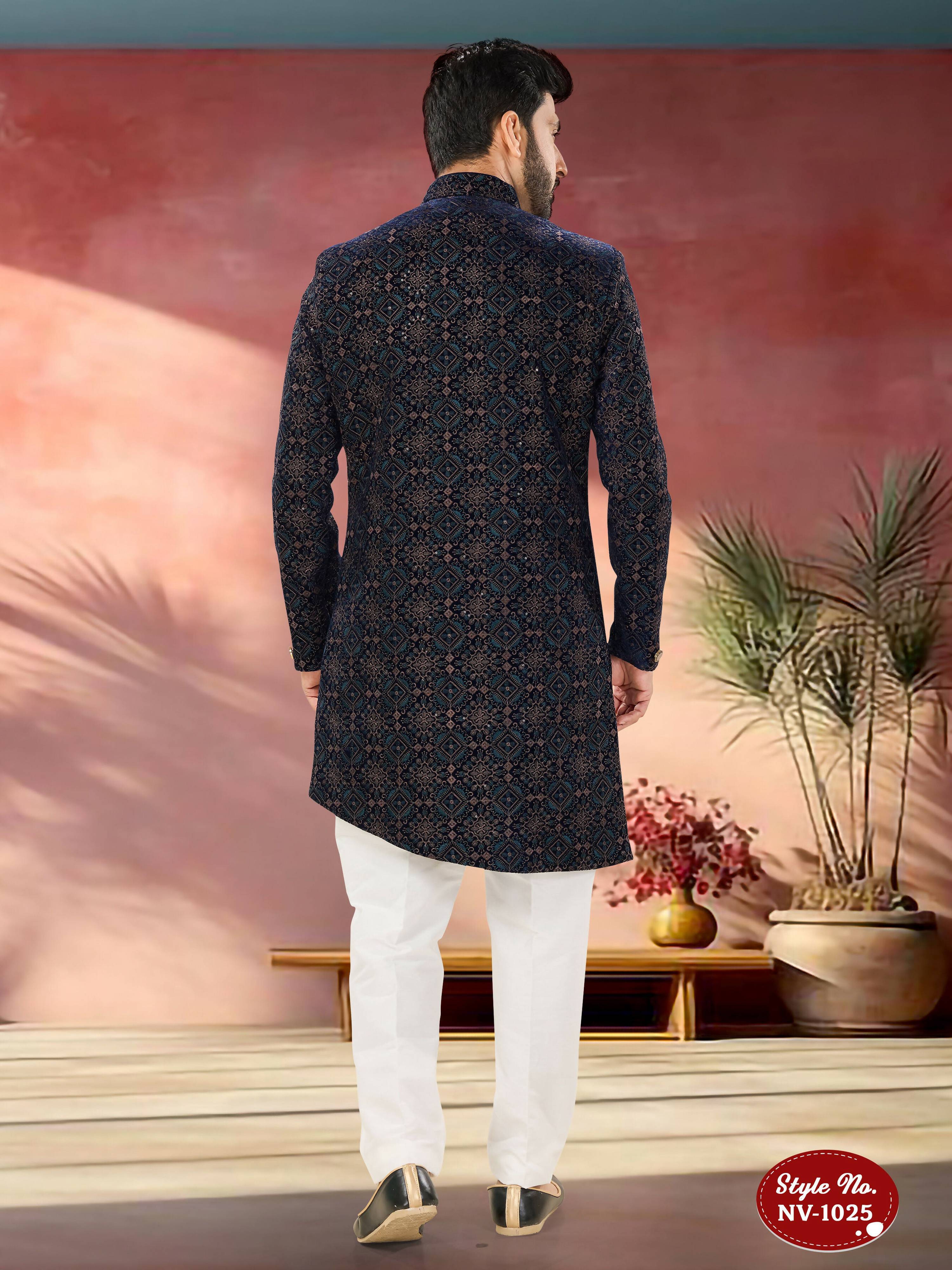 Joban Fashion Men's Blue Base Straight Velvet Thread And Sequence Embroidary All Over Indo-Western Kurta Set - Distacart