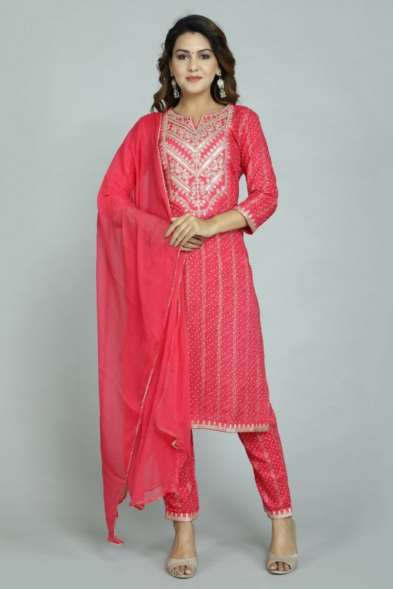 Alvano Beautiful Embroidery Print Straight Kurti with Pant and Dupatta set for Women and Girls Rayon - Distacart