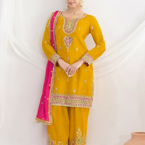 Anaita Mustard Chinon Readymade Suit with Embroidery Coding & Sequence Work