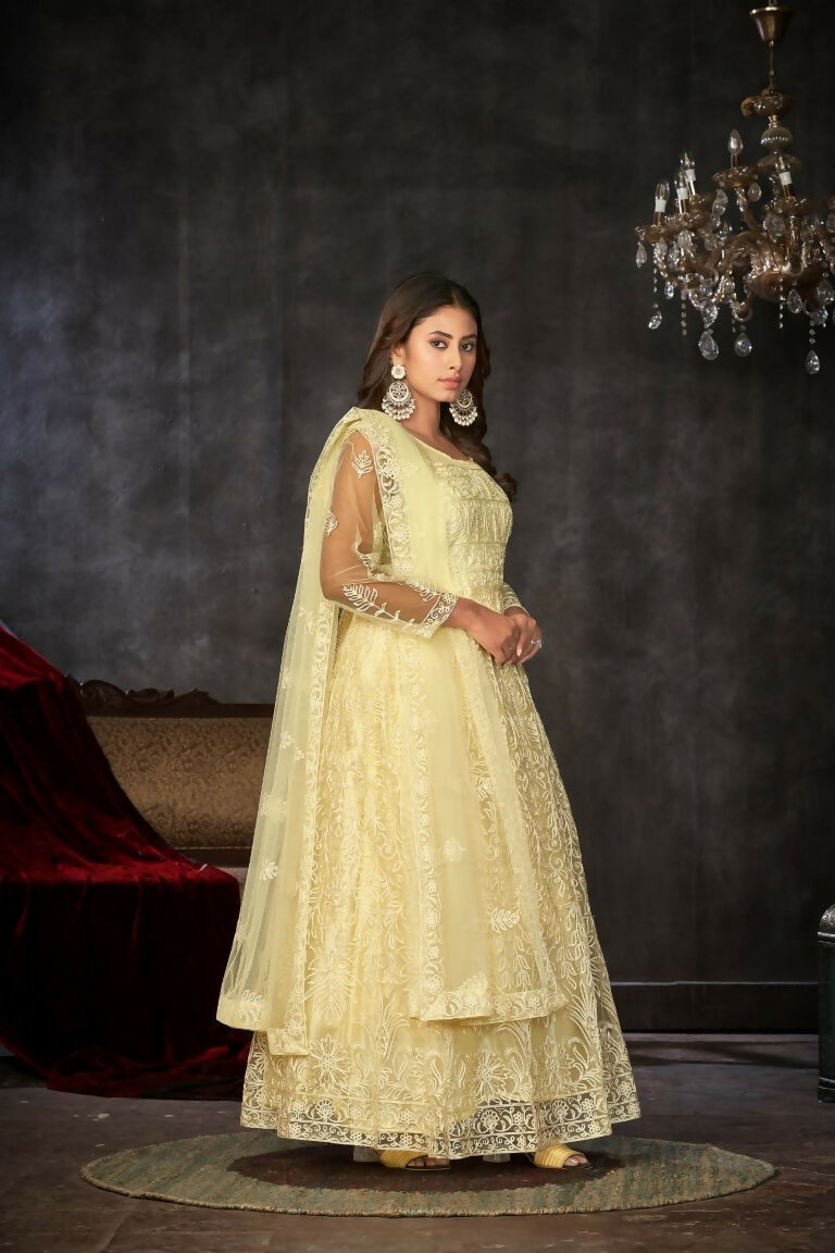Jyoti Fashion Women's Cream Net Embroidered Anarkali Kurta Pant Set With Dupatta - Distacart