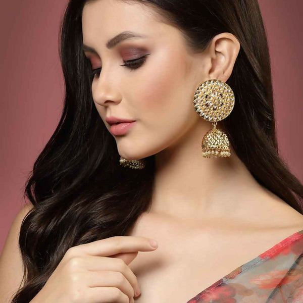 Golden Gold-Polished Circular Shaped Brass Jhumka Earrings For Women And Girls By House of Ree - Distacart