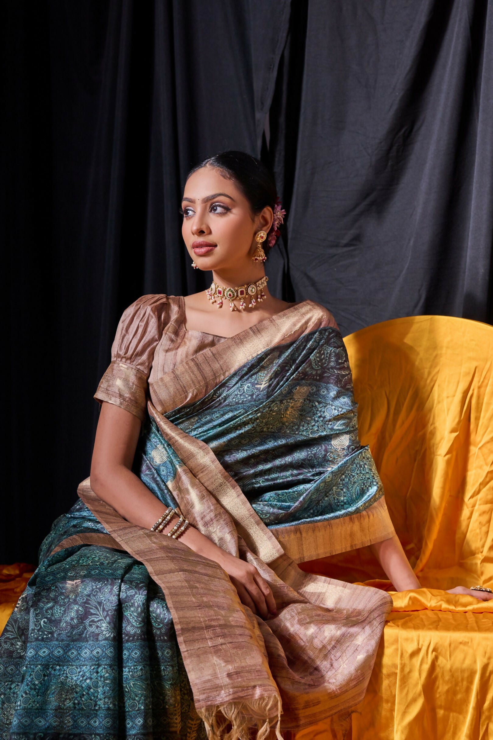 Vishnu Weaves Women's Rama Tussar Silk Zari Woven Saree with Blouse - Distacart