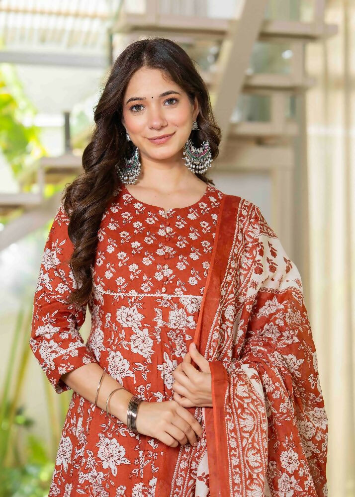 Jaimini Women Cotton Printed Round Neck 3/4 Sleeves Calf Length Flared Kurta Pant And Dupatta Set - Dista