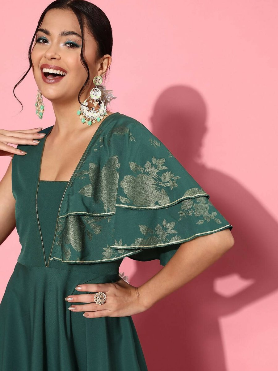 Ahalyaa Gorgeous Green Ethnic Motifs Ruffled Dress - Distacart