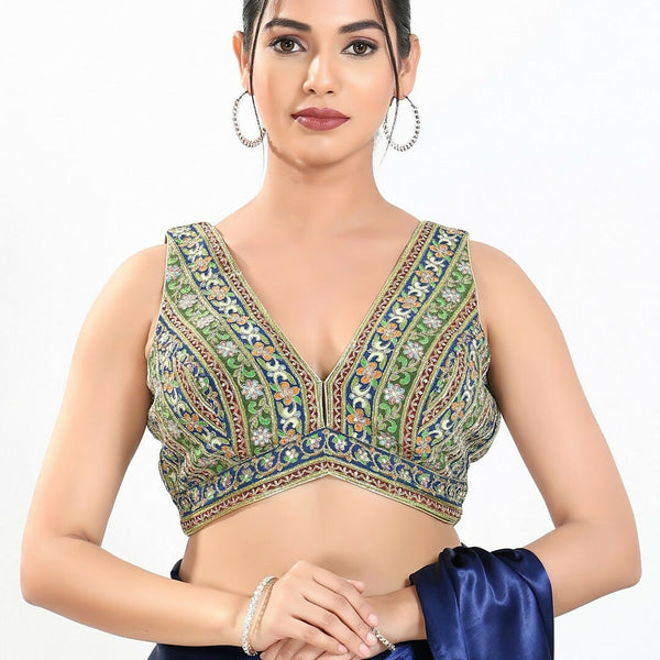 Joban Fashion Green Multi Georgette Padded Blouse With V Neck Sleeveless - Distacart