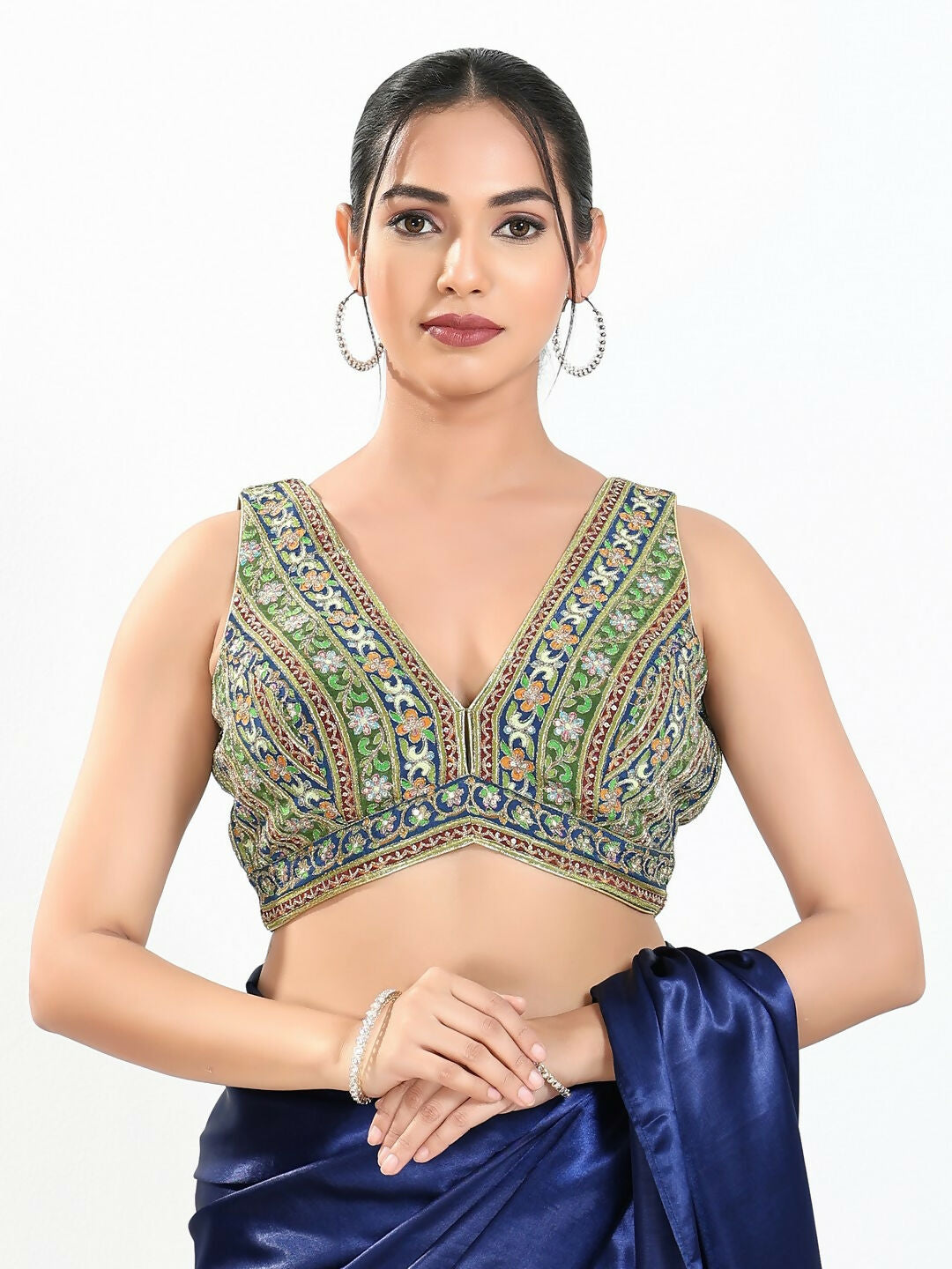 Joban Fashion Green Multi Georgette Padded Blouse With V Neck Sleeveless