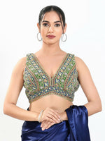 Thumbnail for Joban Fashion Green Multi Georgette Padded Blouse With V Neck Sleeveless - Distacart