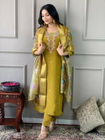 Thumbnail for The52 Mustard Gorgeous Embroidered Viscose Chanderi Fabric Straight Kurta Pant with Dupatta Set - Distacart