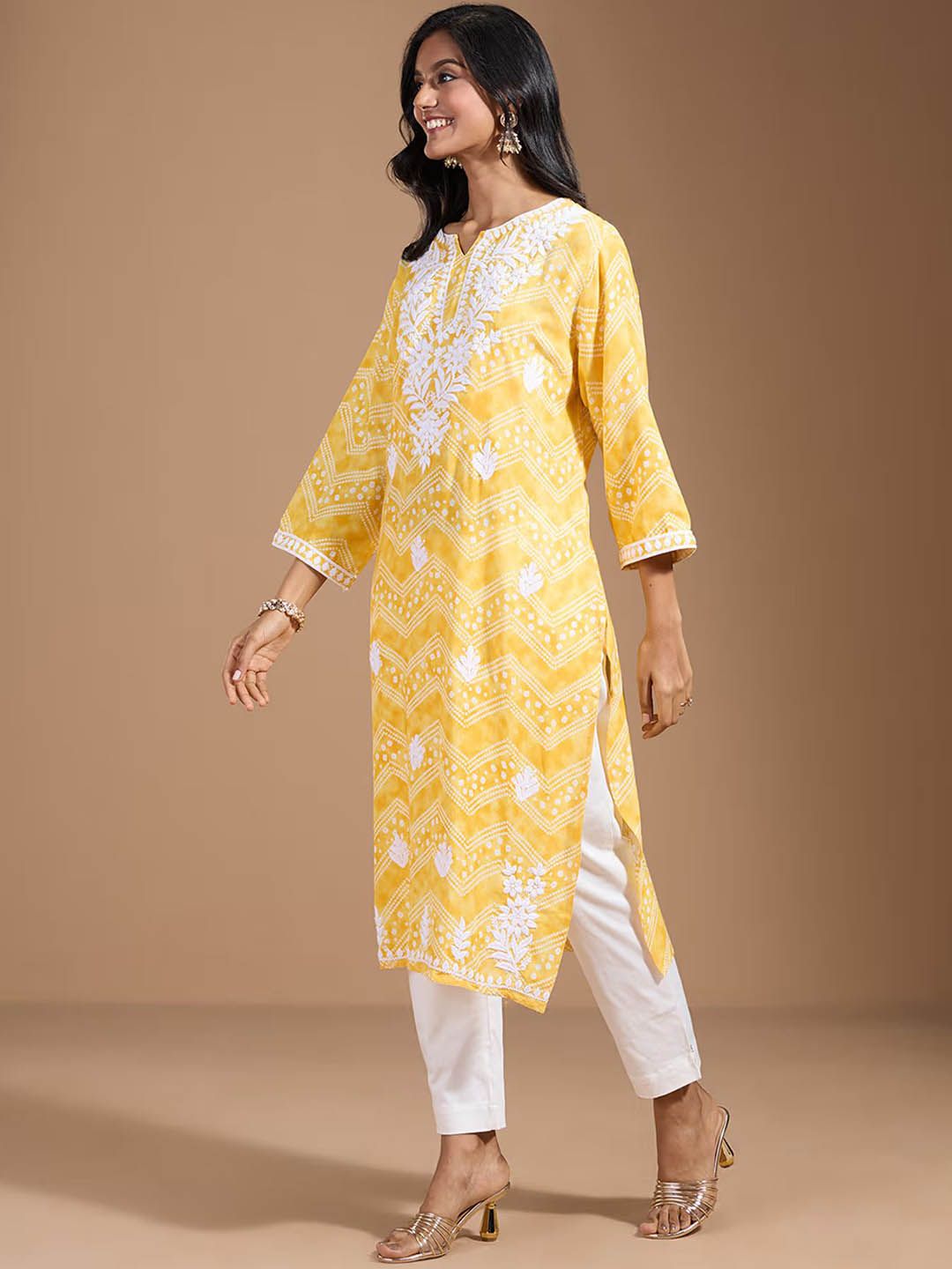 Ode by House of Pataudi Women Geometric Embroidered Flared Sleeves Chikankari Kurta - Distacart