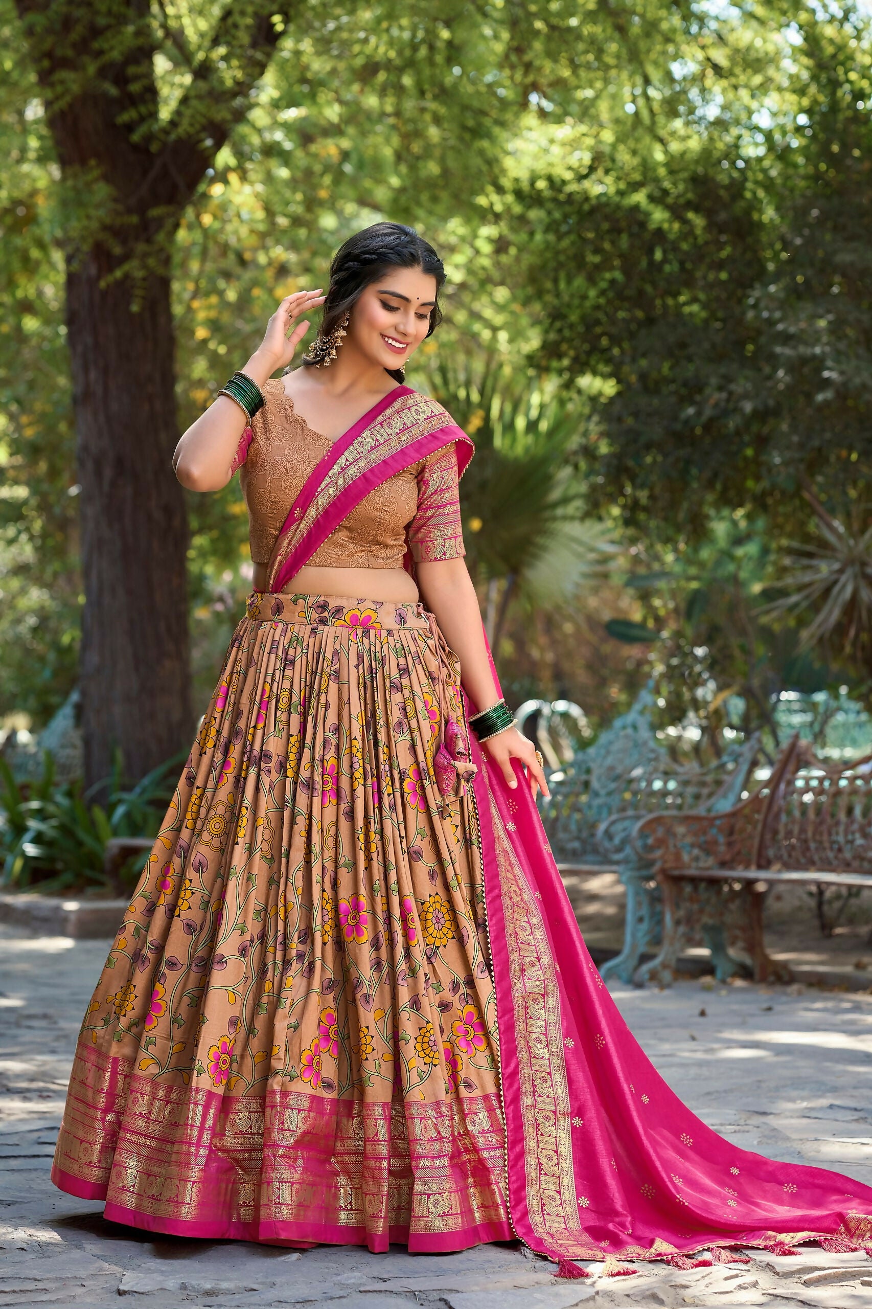 Vastranavya Kalamkari Print With Foil Print Lehenga with Unstitched Printed Blouse - Mustard - Distacart