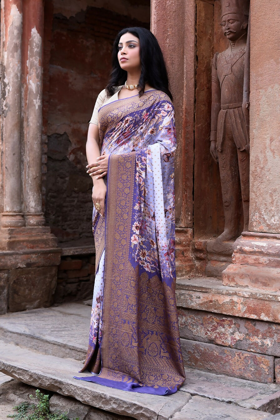 Joban Fashion Shade Of Orchid Crepe Chiffon Pure Handloom Banarasi Silk Saree