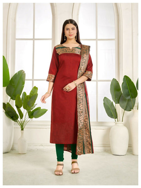 Divine Drape Women's Cotton Printed Straight Kurta With Dupatta - Maroon
