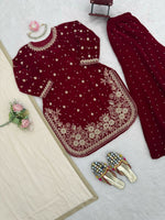 Thumbnail for Vastranavya Maroon Viscose Velvet Intricate Thread & Sequence With Pearl Work Top Palazzo With Dupatta