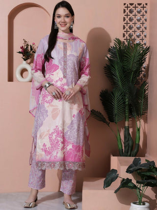 Jyoti Fashion Women's Multicolor Cotton Floral Digital Print & Floral Embroidered Cutwork Border Sequins Work Kurta with Trouser & Dupatta - Distacart