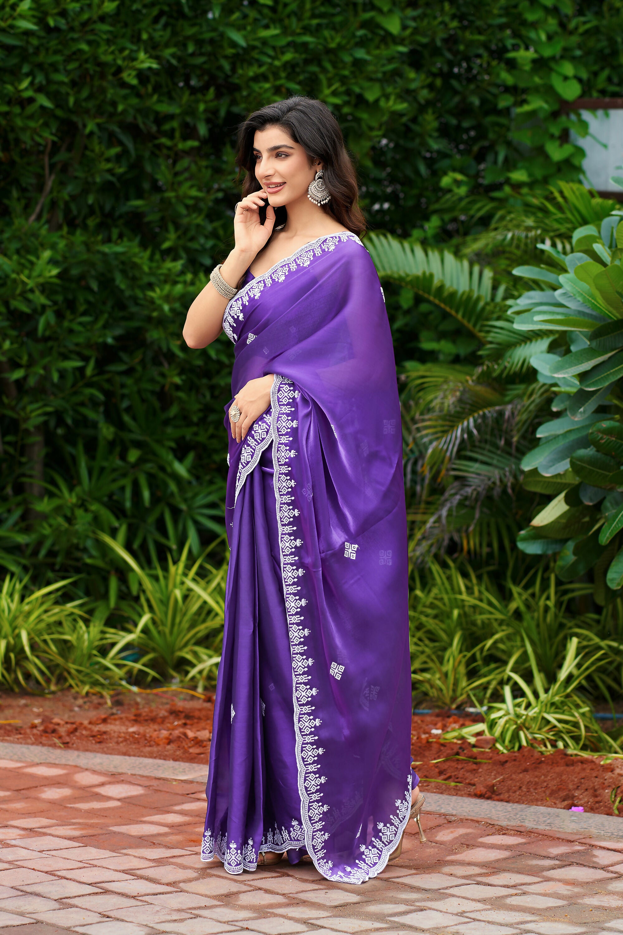 Vastranavya Purple-Blue Embroidery Work Shimmer Chiffon Saree with Unstitched Blouse