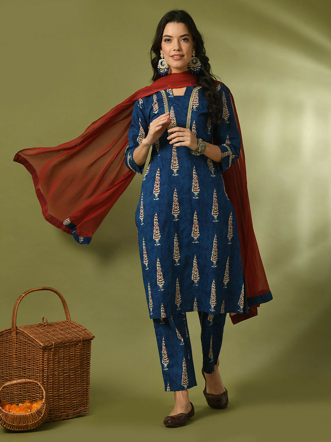 Myshka Women's Blue Printed Cotton Straight Party Kurta Set With Dupatta - Distacart