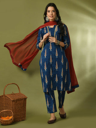 Myshka Women's Blue Printed Cotton Straight Party Kurta Set With Dupatta - Distacart