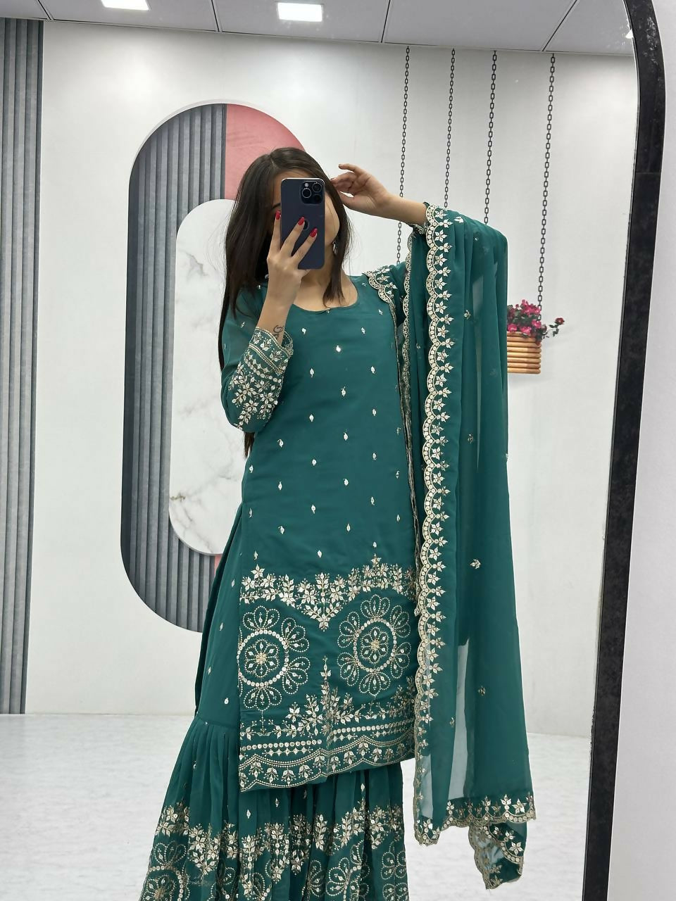 Teeya Creation Womens New Heavy Fox Georgette Fabric With Heavy Embroidery Work Light-Green Kurta Set - Dista