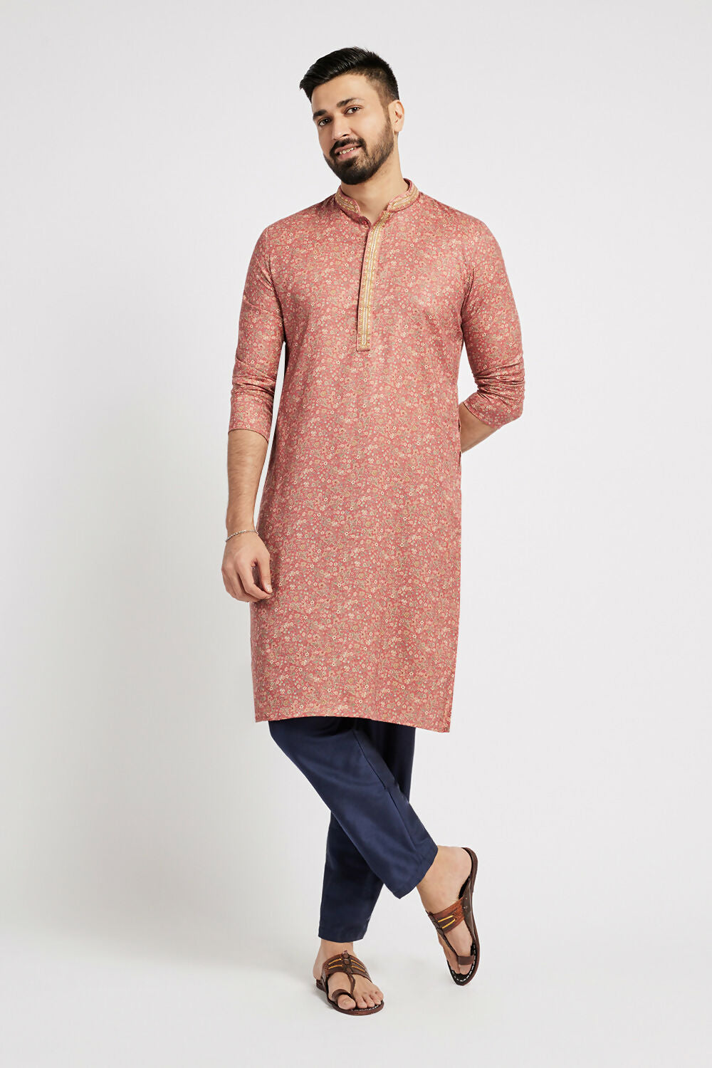 Ethnic India Pink Men's Kurta Floral Polyester - Distacart