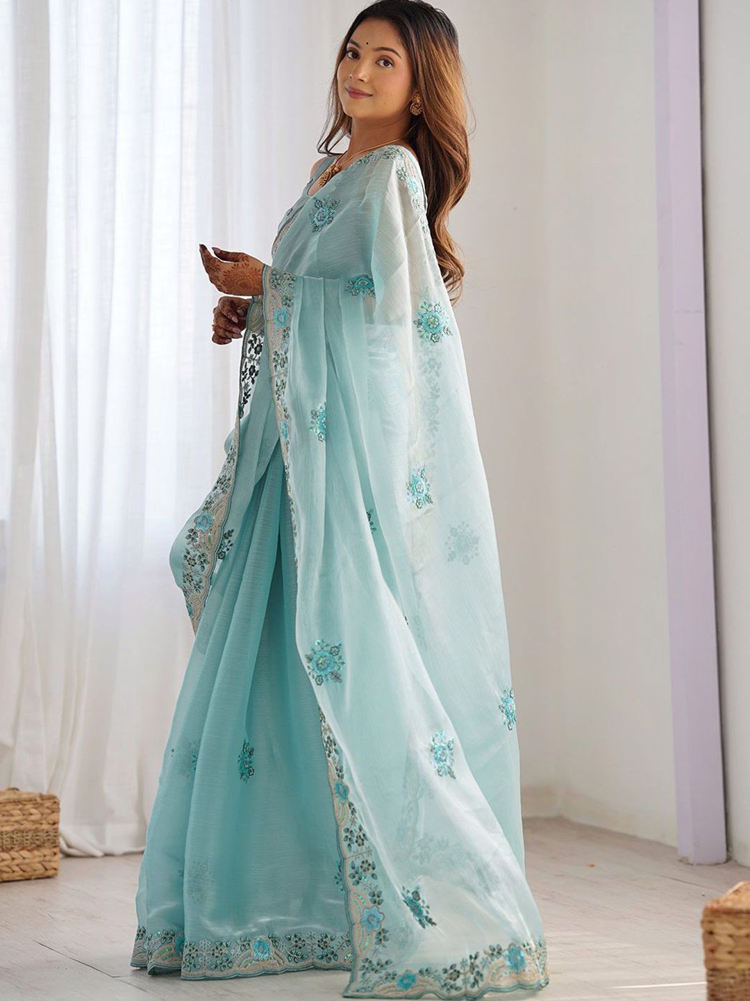 Mitera Floral Embroidered Sequinned Saree - Distacart