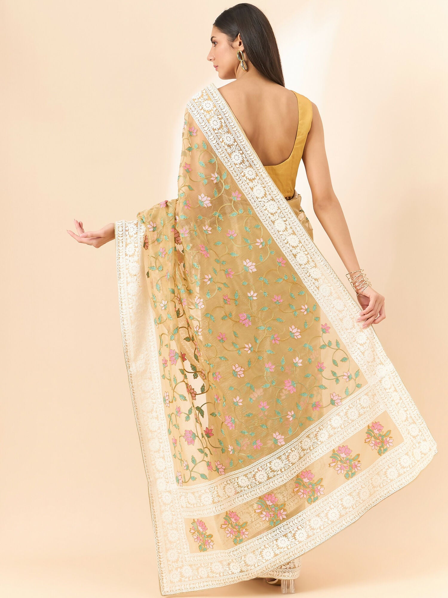 Beige Organza Floral Embroidered Saree with Unstitched Blouse Piece - Roozal - Distacart