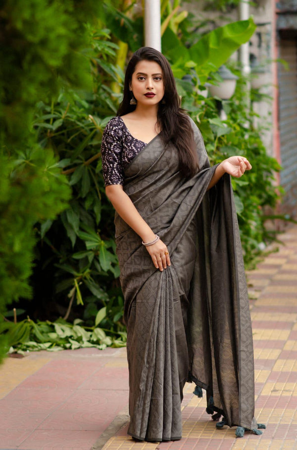 Grey Jute Silk Woven Design Saree with Unstitched Blouse - Hiral Fashion - Distacart