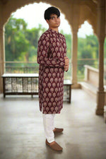 Thumbnail for Souchii Men Burgundy Pure Cotton Ethnic Motif Printed Straight Kurta