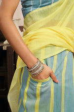 Thumbnail for Joban Fashion Bright Yellow Striped & Geomatric Linen Ready To Wear Saree With Unstitched Blouse - Distacart