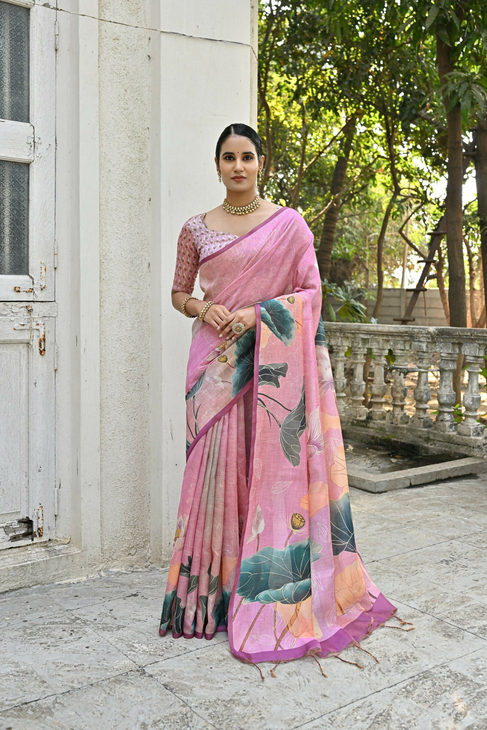 Vishnu Weaves Women's Baby-Pink Cotton Silk Saree with Blouse - Distacart