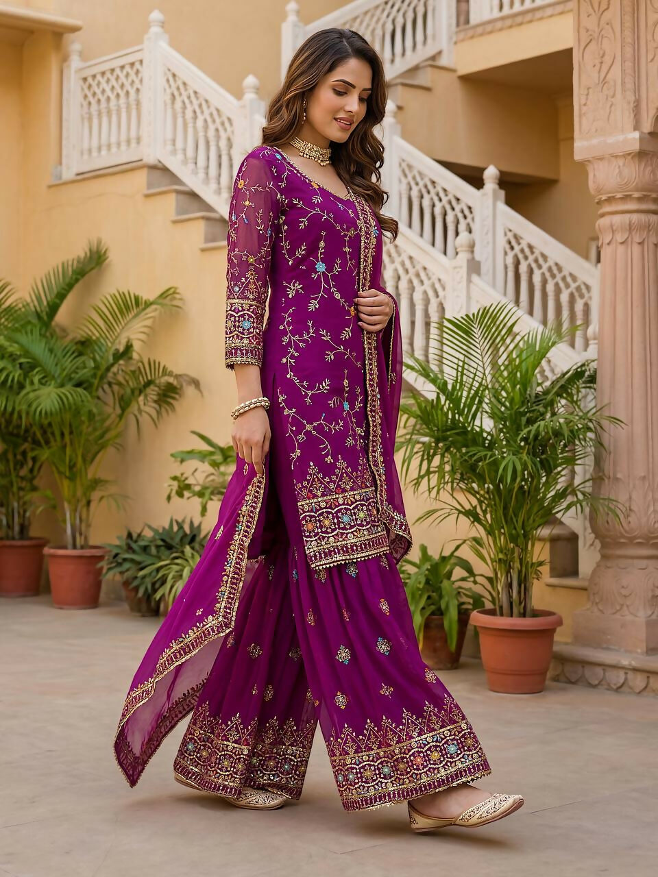 Teeya Creation Wine Faux Georgette Multi Thread Work Wedding Wear Sharara Set - Distacart