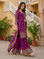 Thumbnail for Teeya Creation Wine Faux Georgette Multi Thread Work Wedding Wear Sharara Set - Distacart