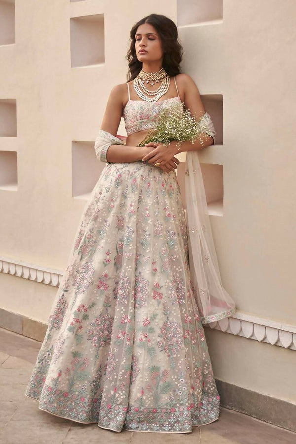 Jyoti Fashion Cream Thread Embroidery Georgette Designer Lehenga Choli with Dupatta - Distacart
