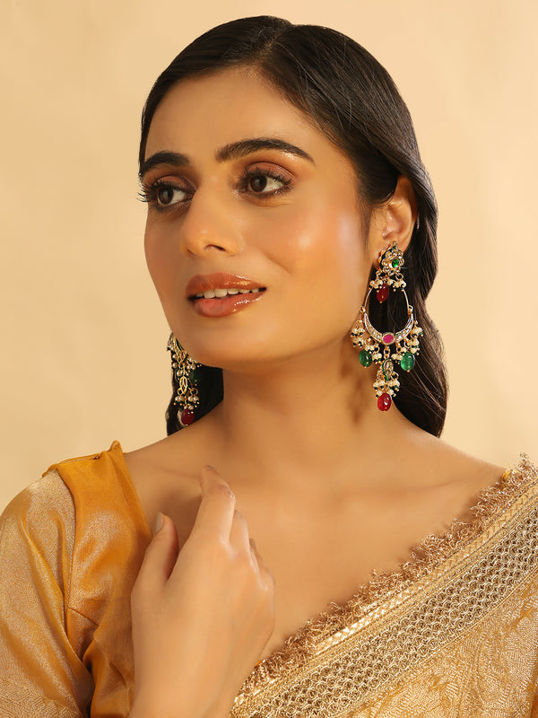 Nuyug 22K Gold Plated Crescent Kundan Drop Green Stone Chandbali Earrings