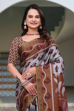 Thumbnail for Prime Volt Women's Brown Printed Mal Cotton Saree with Designer Blouse Piece - Distacart