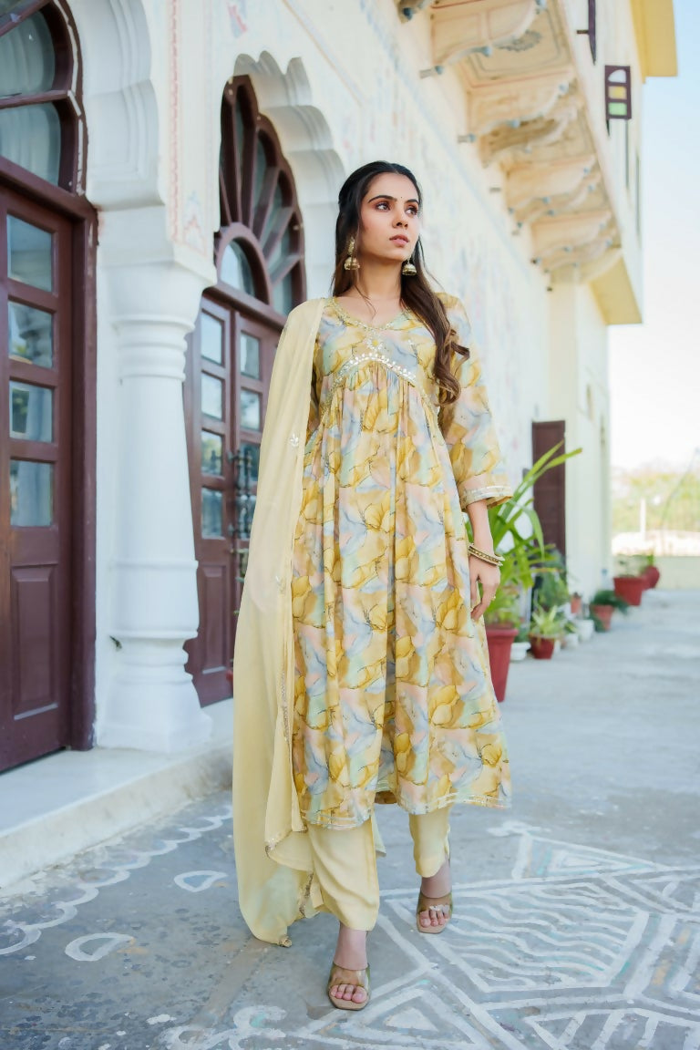 Vaasva Women Yellow Muslin Embroidered Kurta, Pant & Dupatta Set - Distacart