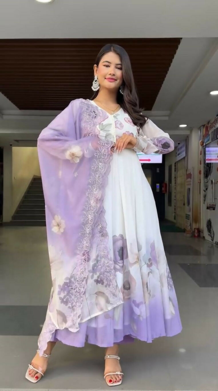 Teeya Creation Multi Color Faux Georgette Digital print With Embroidery Gown