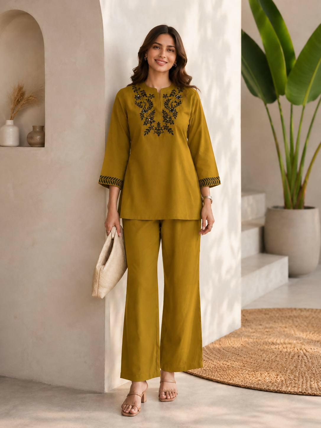 Teeya Creation Mustard Green Embroidered Cotton Co-Ord Set For Women - Dista