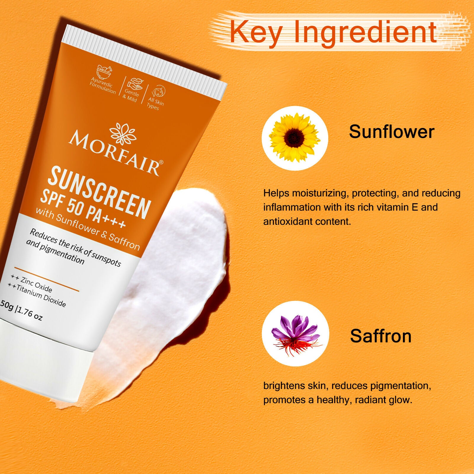 Globus Remedies Morfair Sunscreen SPF 50 PA+++ with Sunflower & Saffron For Reduces Sunspots & Pigmentation