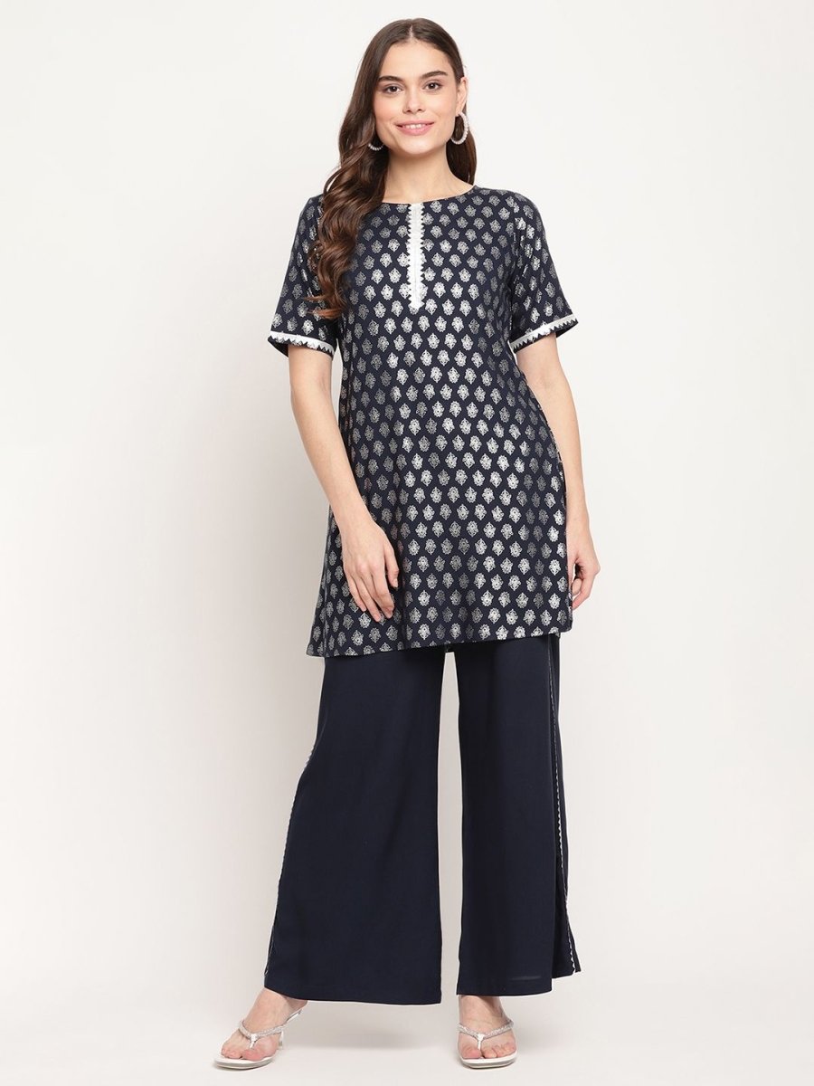 Ahalyaa Women's Blue Rayon Foil Print Top With Palazzo Set