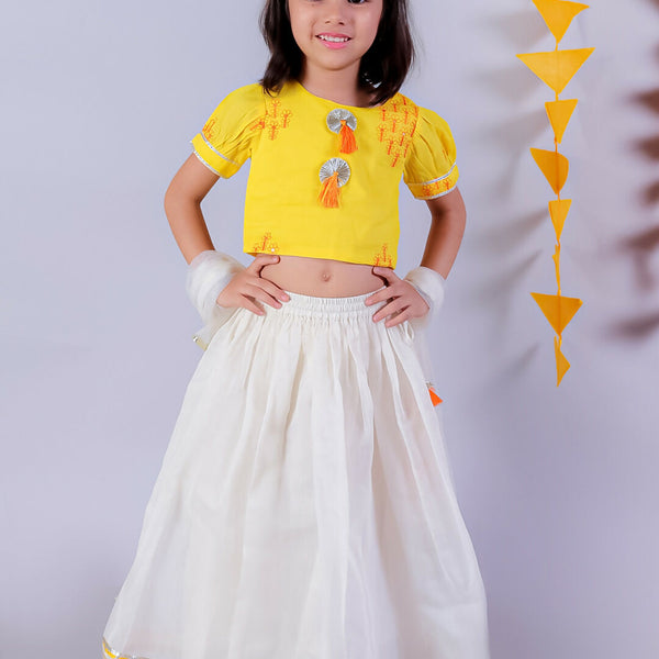 Lil Drama Festive Girls White Lehanga and Yellow Choli with Dupatta Ethnic Set - Distacart