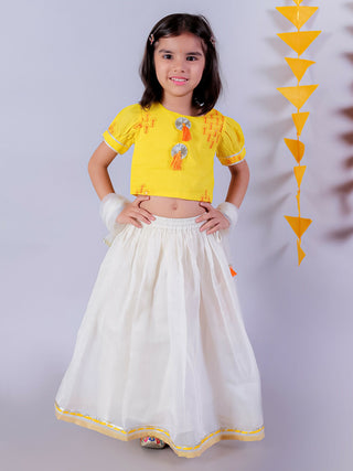 Lil Drama Festive Girls White Lehanga and Yellow Choli with Dupatta Ethnic Set - Distacart