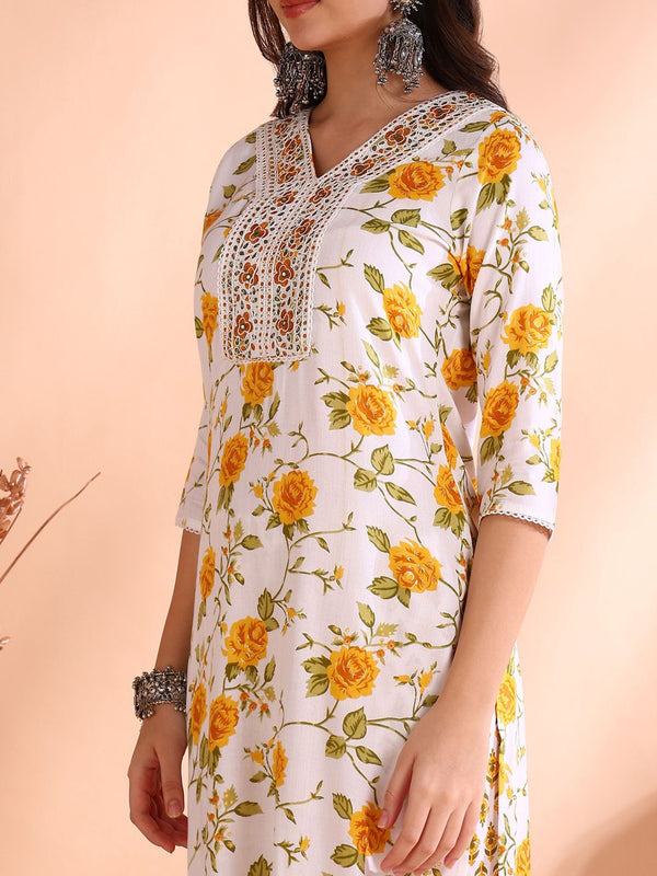 Ode by House of Pataudi Floral Printed Sequinned Pure Cotton Kurta With Trouser & Dupatta - Distacart