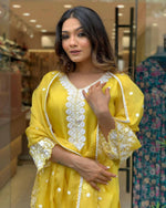 Thumbnail for The52 Yellow Women's Gorgeous Embroidered Georgette Fabric Straight Kurta Pant with Dupatta Set - Distacart