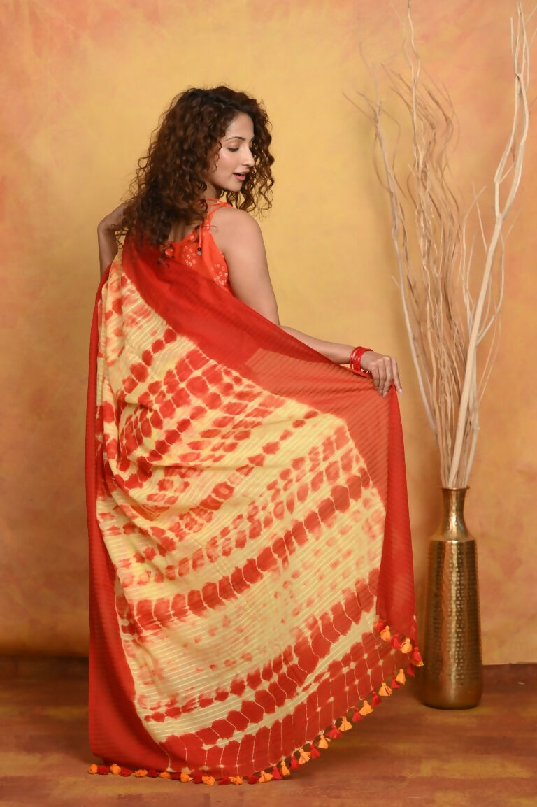 Very Much Indian Tie & Dye Handloom Mul Cotton Saree - Yellow Red - Distacart