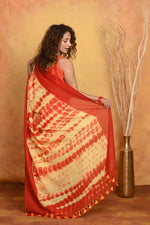 Thumbnail for Very Much Indian Tie & Dye Handloom Mul Cotton Saree - Yellow Red - Distacart
